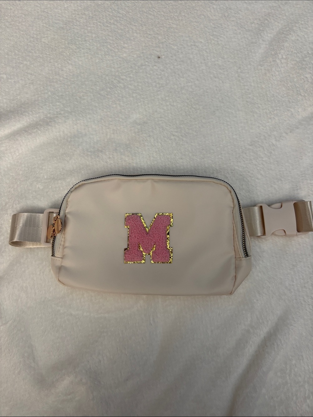 Beige Fanny Pack with Pink Glitter 'M' Patch